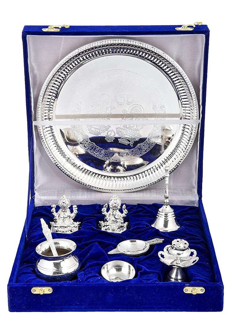 Giftcity Silver Plated Laxmi Ganesh Idol Murti with Pooja Thali Set Decorative Showpiece Set of 9 - Indya