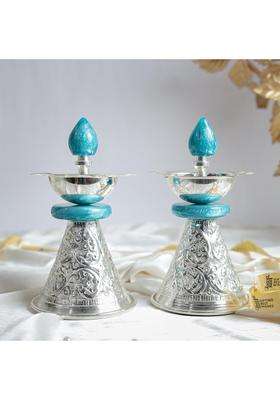 Gifting Best Wishes Standing Diya Pair with Turquoise Accents for Diwali Gift