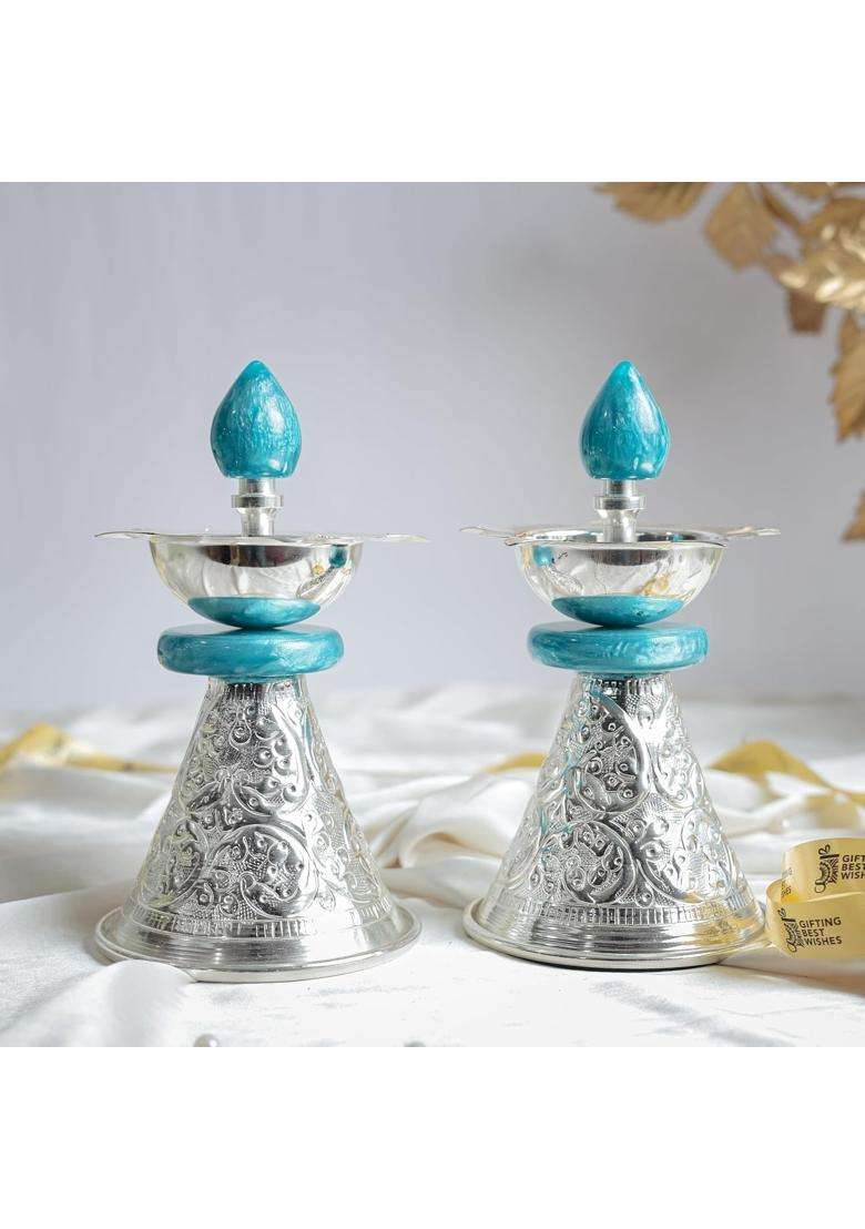 Gifting Best Wishes Standing Diya Pair with Turquoise Accents for Diwali Gift - Indya
