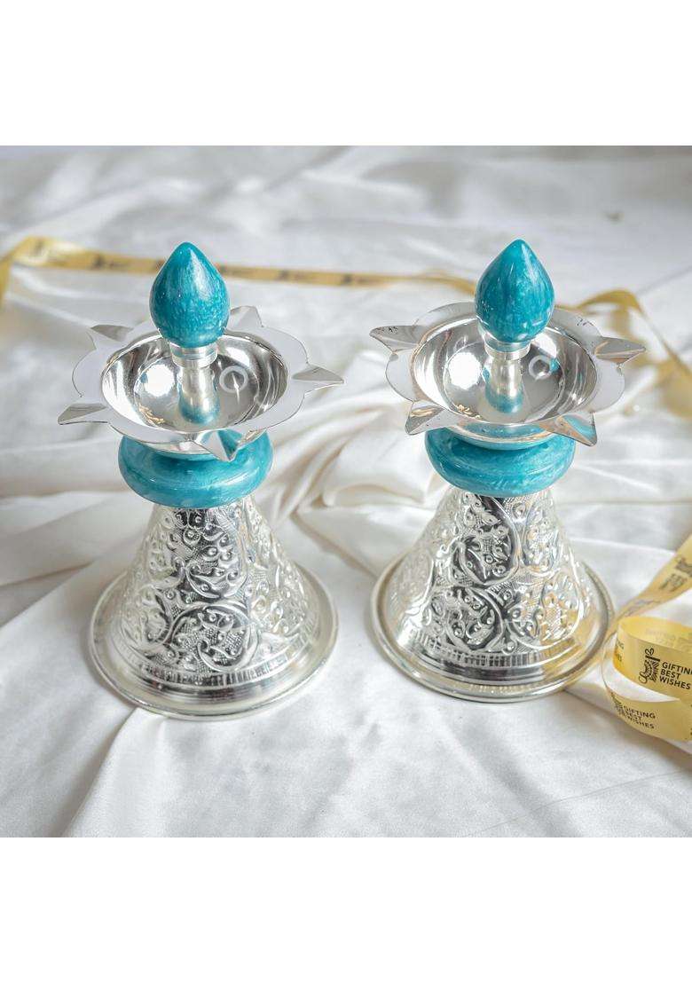 Gifting Best Wishes Standing Diya Pair with Turquoise Accents for Diwali Gift - Indya