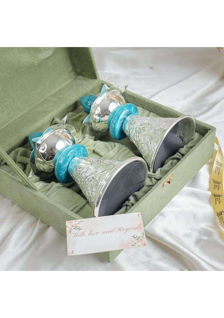 Gifting Best Wishes Standing Diya Pair with Turquoise Accents for Diwali Gift - Indya