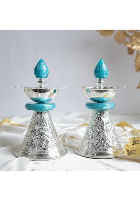 Gifting Best Wishes Standing Diya Pair with Turquoise Accents for Diwali Gift