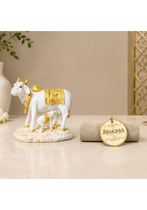 Armonia Kamdhenu Cow with Calf Idol for Home Decoration Dust Marble Finish Polyresin Gau Mata Statue