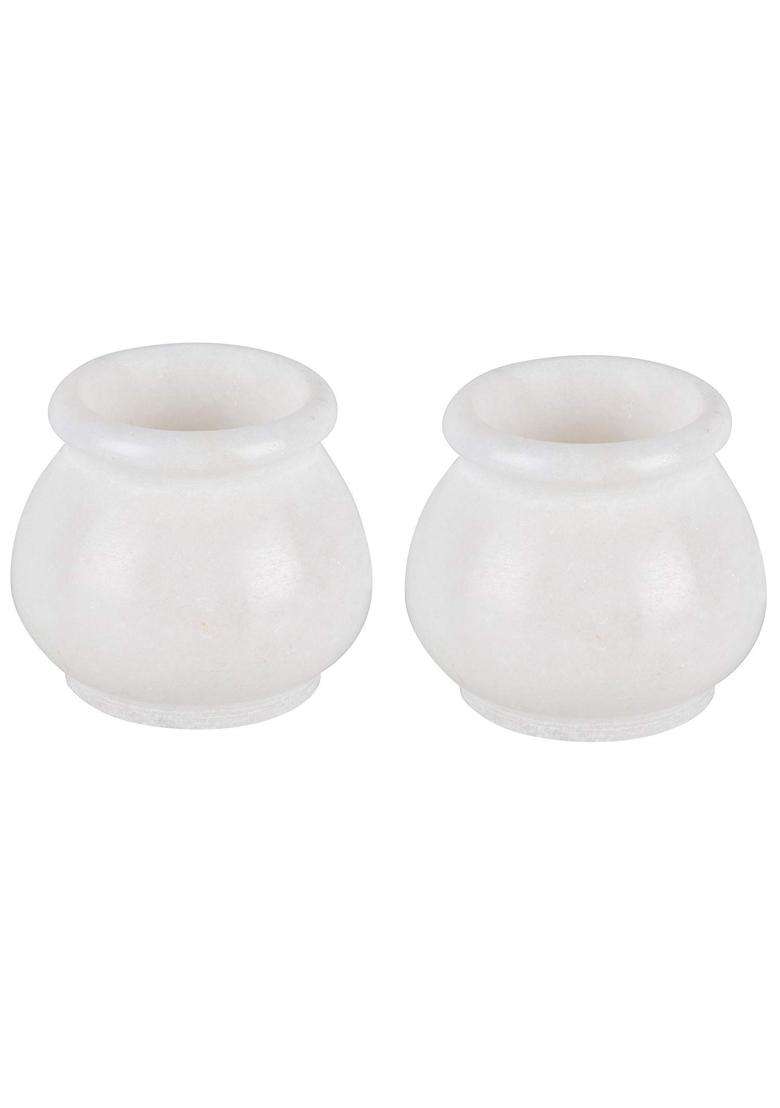 R and M RM White Marble Kalash 4 Inch Diameter Each Handcrafted Pooja Essential for Temple Set of 2 - Indya