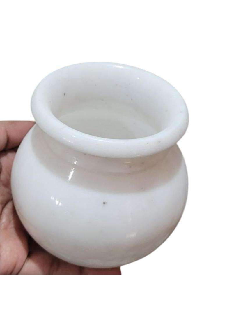 R and M RM White Marble Kalash 4 Inch Diameter Each Handcrafted Pooja Essential for Temple Set of 2 - Indya