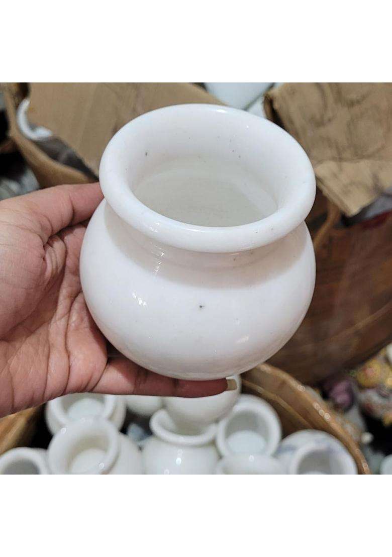 R and M RM White Marble Kalash 4 Inch Diameter Each Handcrafted Pooja Essential for Temple Set of 2 - Indya
