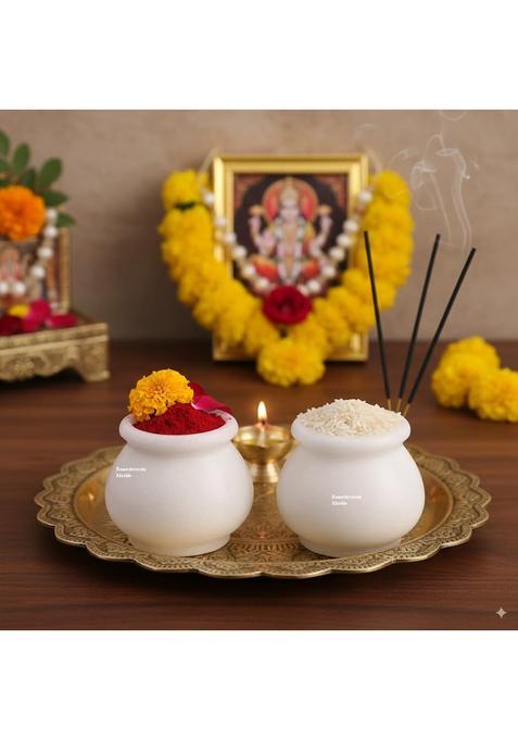 R and M RM White Marble Kalash 4 Inch Diameter Each Handcrafted Pooja Essential for Temple Set of 2