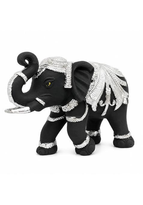 Dhruvs Collection Silver Plated Black Rajasthani Terracotta Elephant Idol for Home Decor and Temple