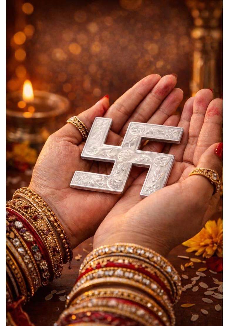 Gehnabox Pure Silver Swastik Symbol for Pooja Auspicious Vastu and Diwali Decor Pack of 2 - Indya