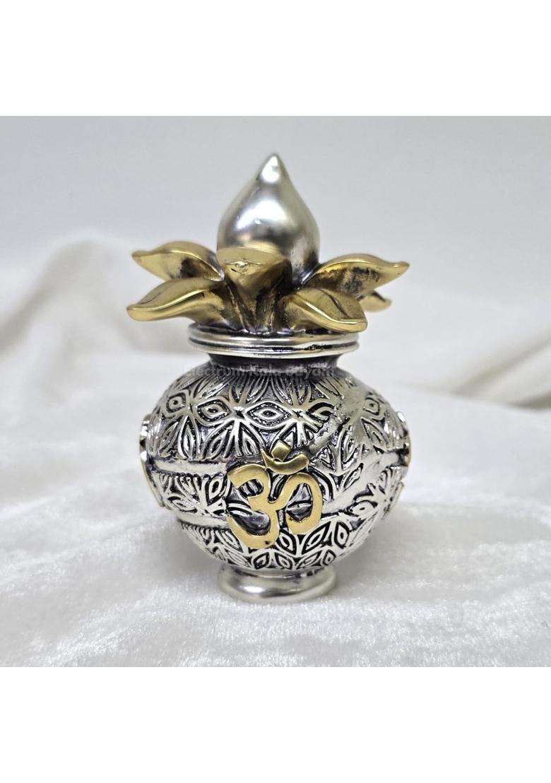 Electrum Kala Udyam Silver Plated Antique Matte Kalash with Golden OM Symbol 4 Point 3 Inch - Indya