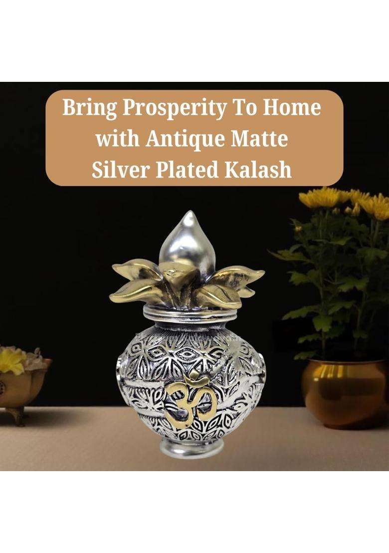 Electrum Kala Udyam Silver Plated Antique Matte Kalash with Golden OM Symbol 4 Point 3 Inch - Indya