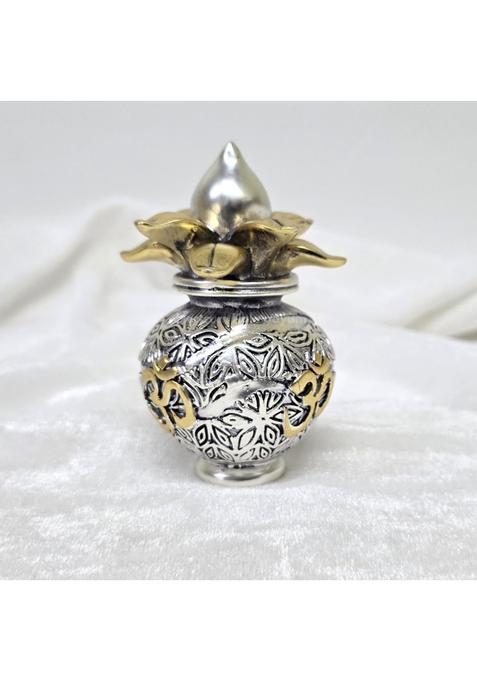 Electrum Kala Udyam Silver Plated Antique Matte Kalash with Golden OM Symbol 4 Point 3 Inch