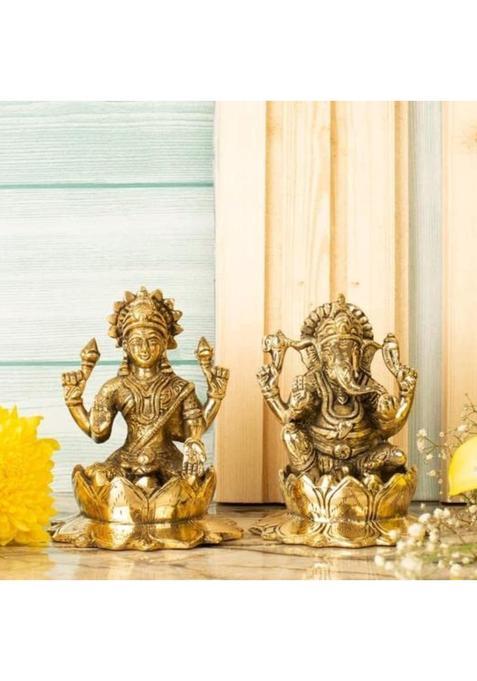 AD Arts Golden Indian Essence Brass Lakshmi Statue Ganesha Idol Murti Sitting on Lotus for Home Entrance