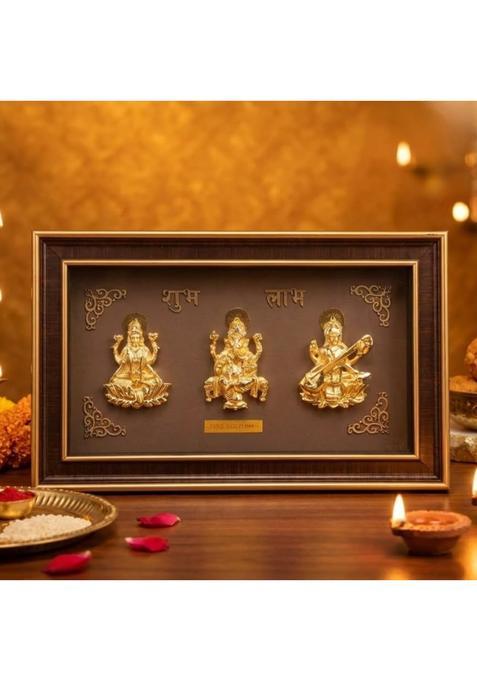 House of Wemy Gold Plated Shubh Labh Trimurti God Photo Frame with Devi Lakshmi Pack of 1