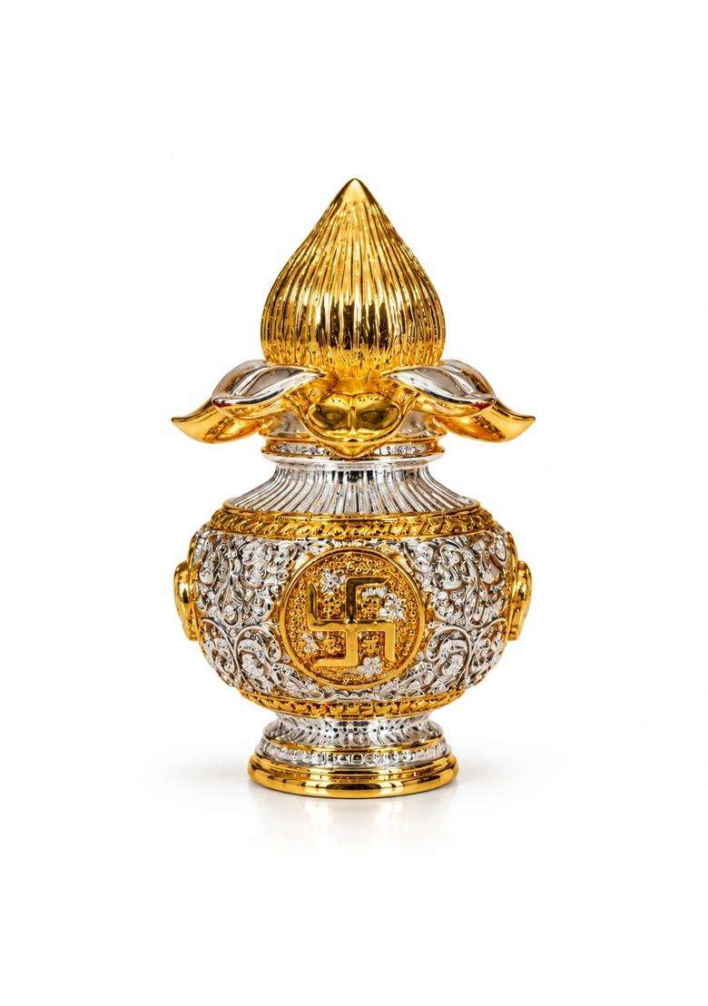 Silver Plated Kalash with Swastik Symbol for Pooja Vastu and Home Decor - Indya