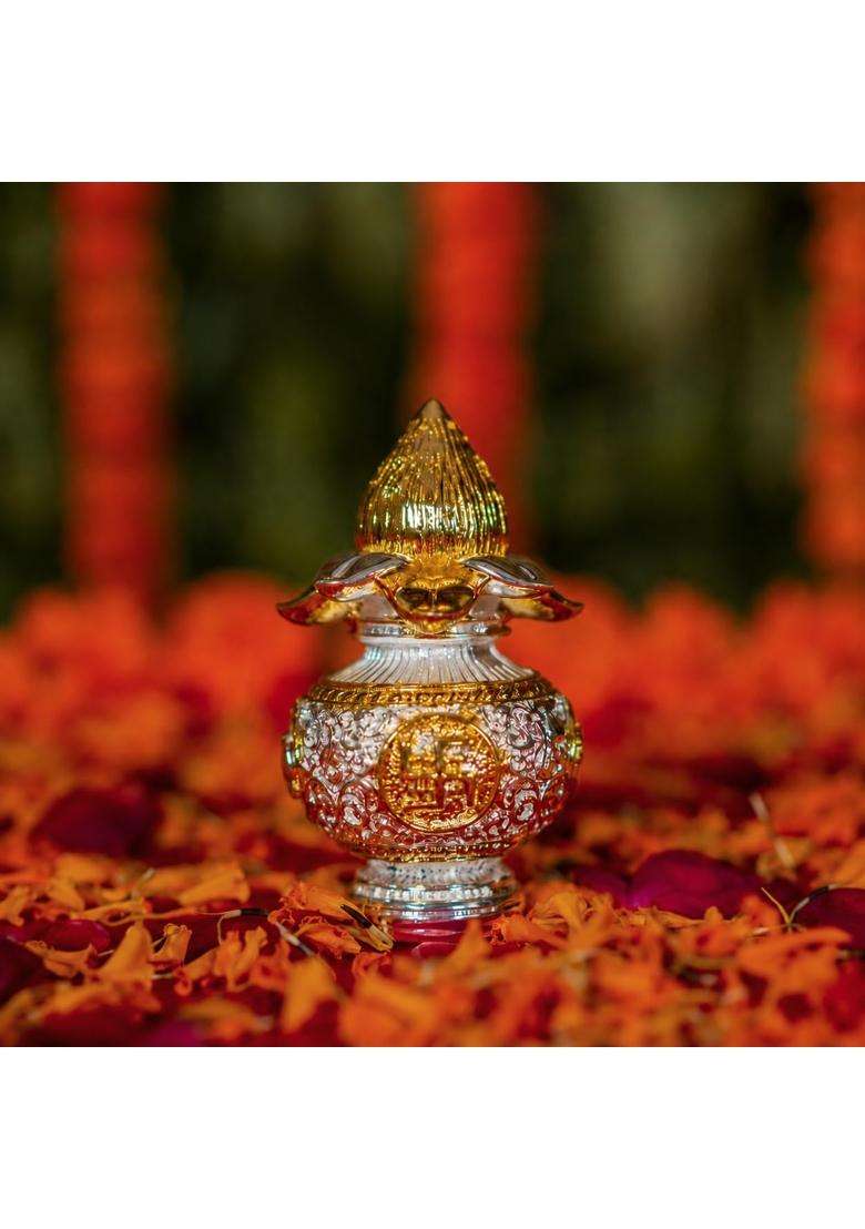 Silver Plated Kalash with Swastik Symbol for Pooja Vastu and Home Decor - Indya