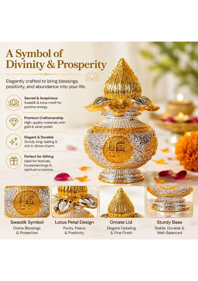 Silver Plated Kalash with Swastik Symbol for Pooja Vastu and Home Decor - Indya