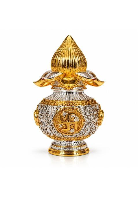 Silver Plated Kalash with Swastik Symbol for Pooja Vastu and Home Decor
