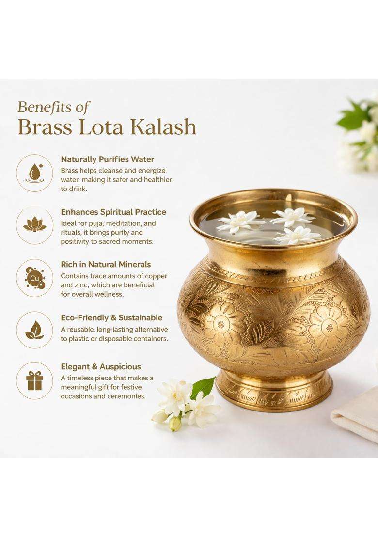 Mkd2 Rise Gold Pure Brass Lota for Puja 500 ML Handcrafted Brass Kalash for Pooja Karwa Chauth Lota - Indya