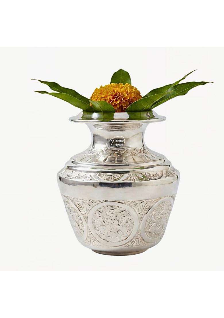 Extreme Karigari Brass Ashtalakshmi 7 Inch German Silver Finish Kalash 2Ltr Capacity Puja Lota for Pooja - Indya