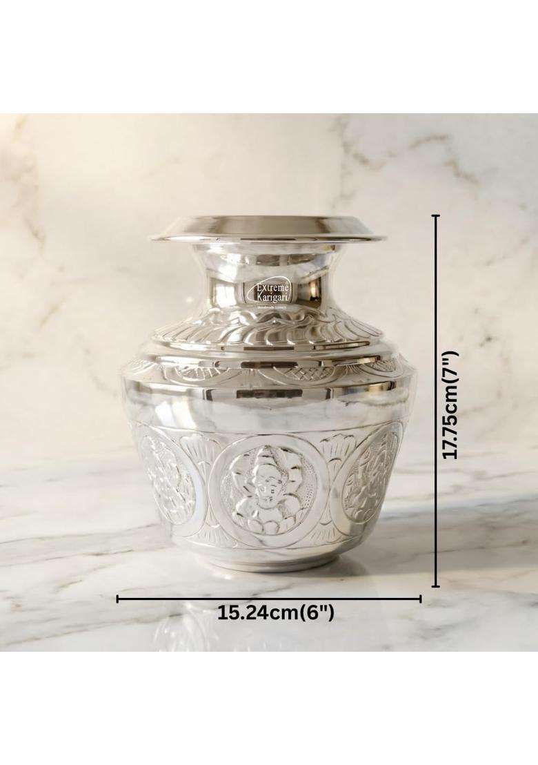 Extreme Karigari Brass Ashtalakshmi 7 Inch German Silver Finish Kalash 2Ltr Capacity Puja Lota for Pooja - Indya