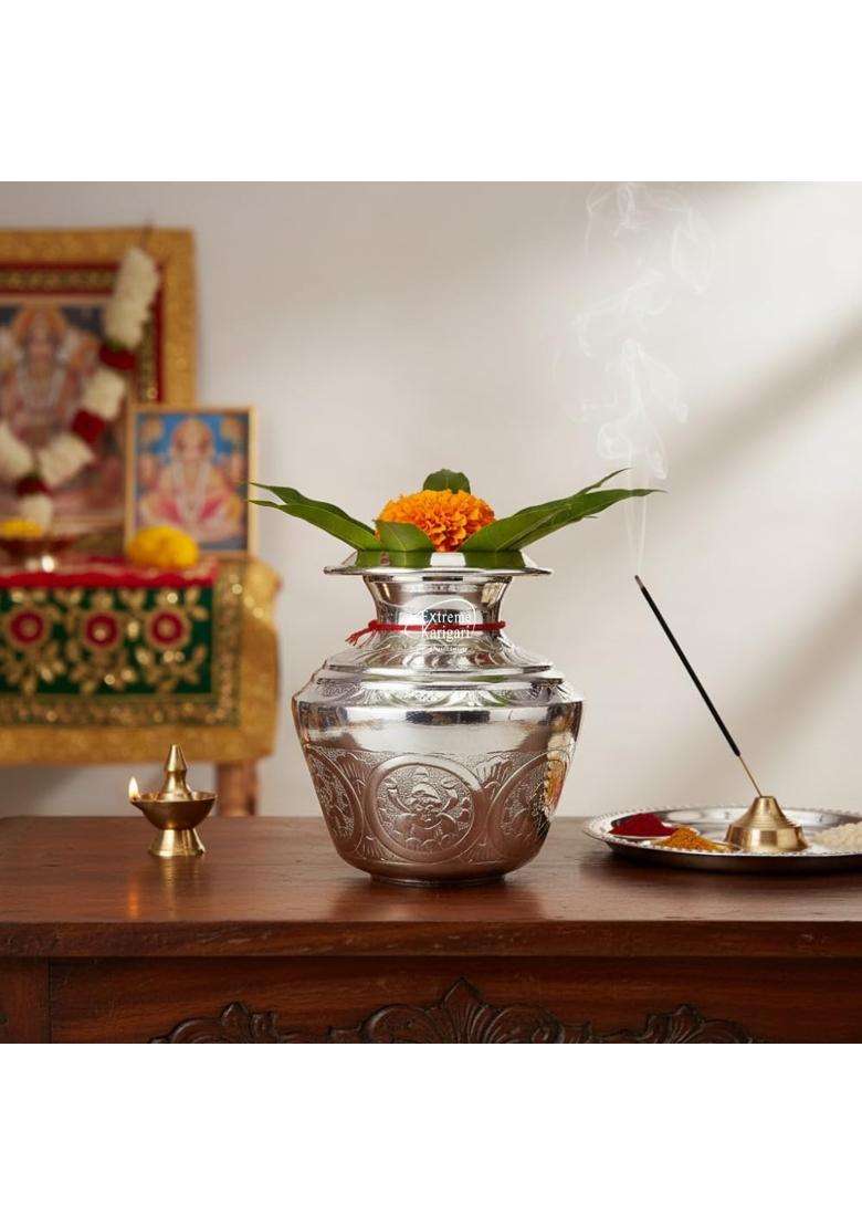Extreme Karigari Brass Ashtalakshmi 7 Inch German Silver Finish Kalash 2Ltr Capacity Puja Lota for Pooja - Indya