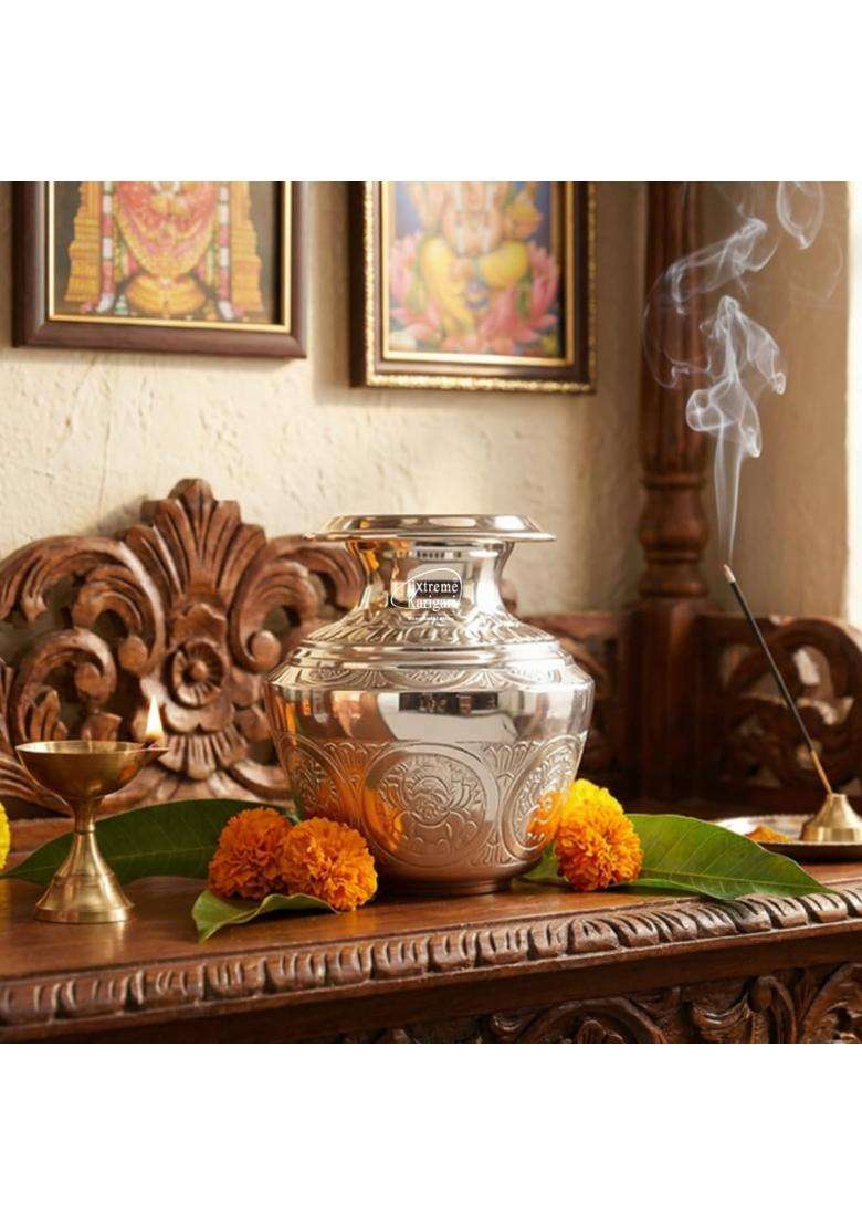 Extreme Karigari Brass Ashtalakshmi 7 Inch German Silver Finish Kalash 2Ltr Capacity Puja Lota for Pooja - Indya