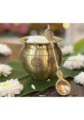PURI Bartanwala Gold Brass Pital Kalash Lota with Charnamrit Spoon for Havan Pooja Paath Surya Jal
