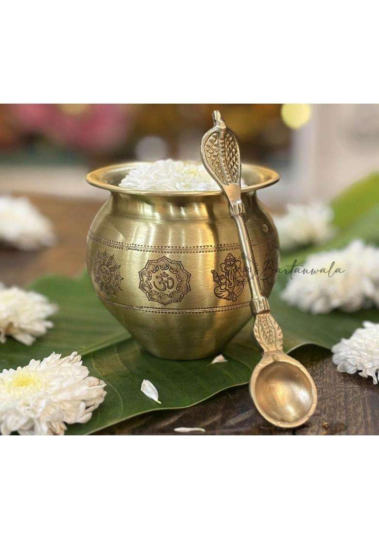 PURI Bartanwala Gold Brass Pital Kalash Lota with Charnamrit Spoon for Havan Pooja Paath Surya Jal - Indya