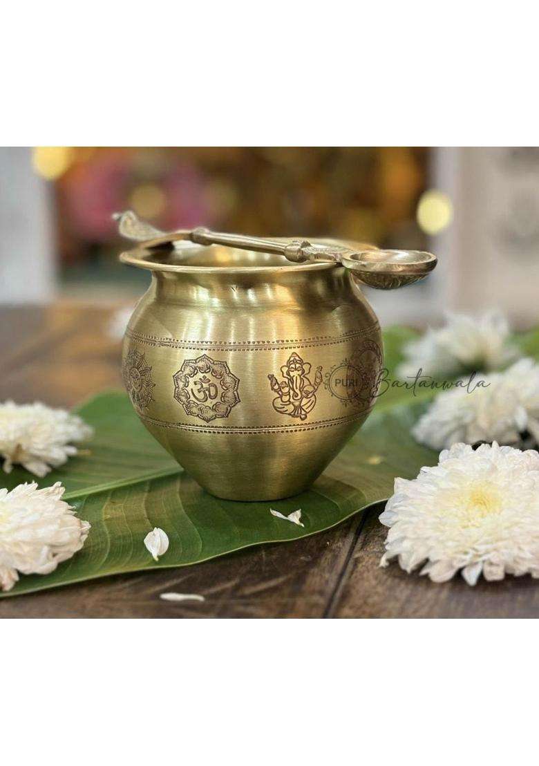 PURI Bartanwala Gold Brass Pital Kalash Lota with Charnamrit Spoon for Havan Pooja Paath Surya Jal - Indya