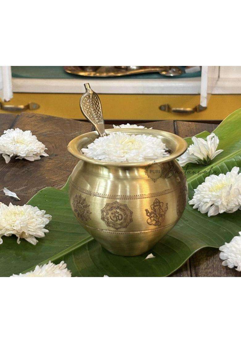 PURI Bartanwala Gold Brass Pital Kalash Lota with Charnamrit Spoon for Havan Pooja Paath Surya Jal - Indya