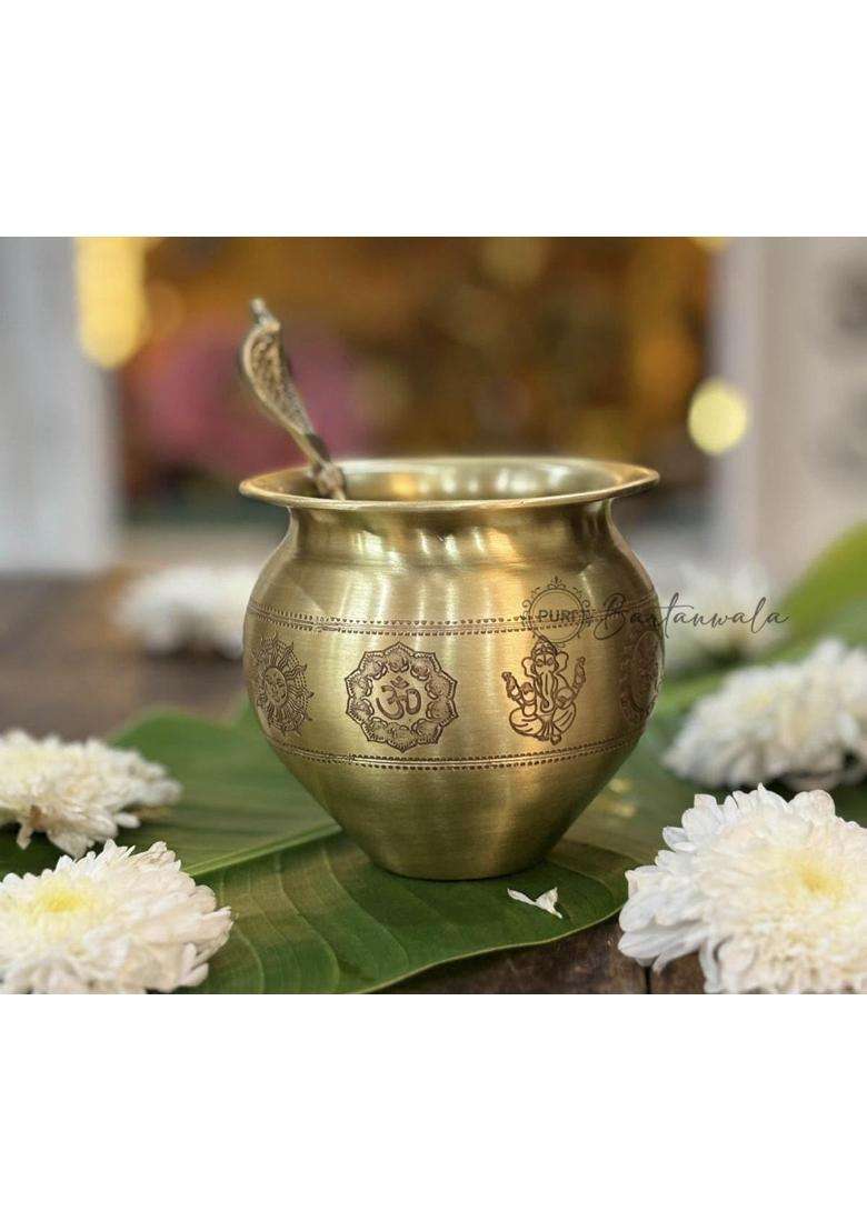 PURI Bartanwala Gold Brass Pital Kalash Lota with Charnamrit Spoon for Havan Pooja Paath Surya Jal - Indya