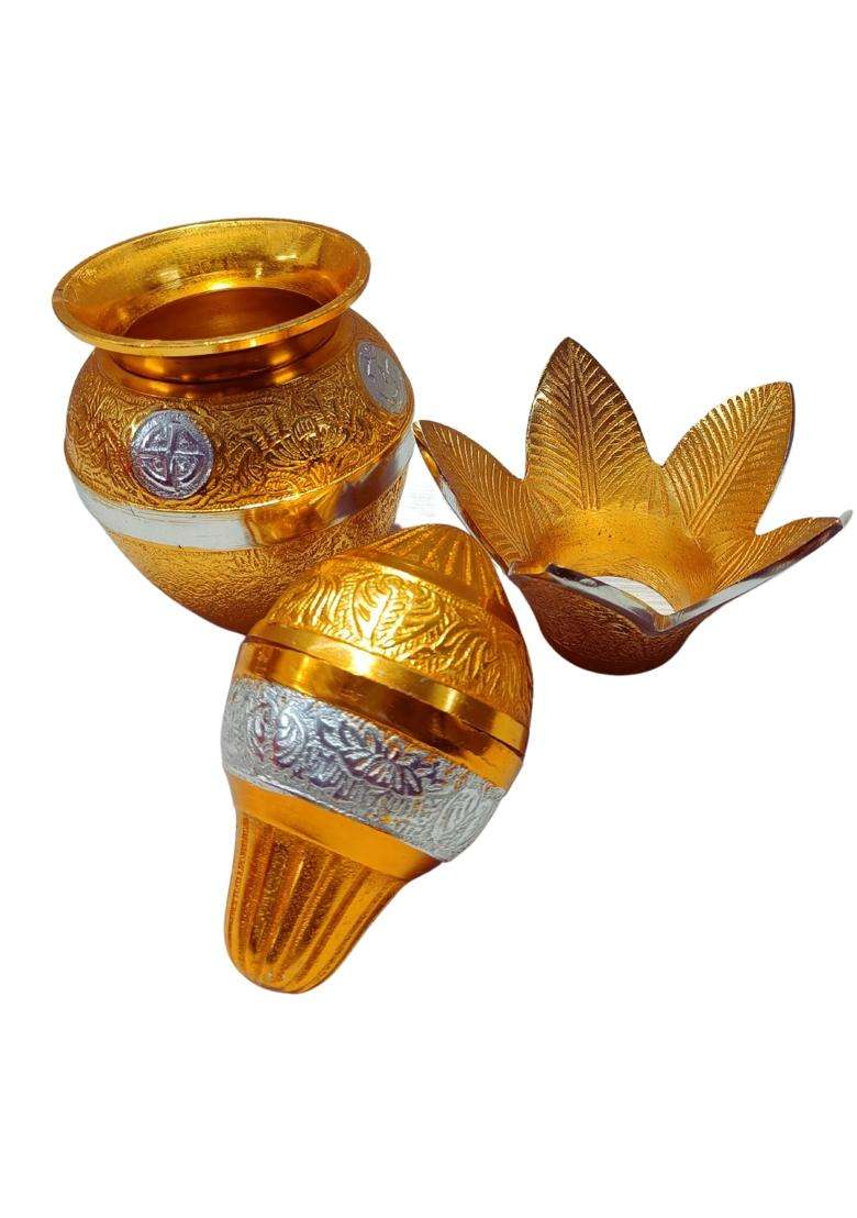 The Healing Store German Gold Silver Plated Pooja Kalash Lota with Coconut - Indya