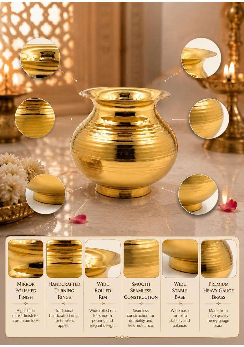 NYRA Gold Peetal Brass Designer Glossy Finish Heavy Water Storage Lota Gunj Kalash Chambu for Home Kitchen - Indya