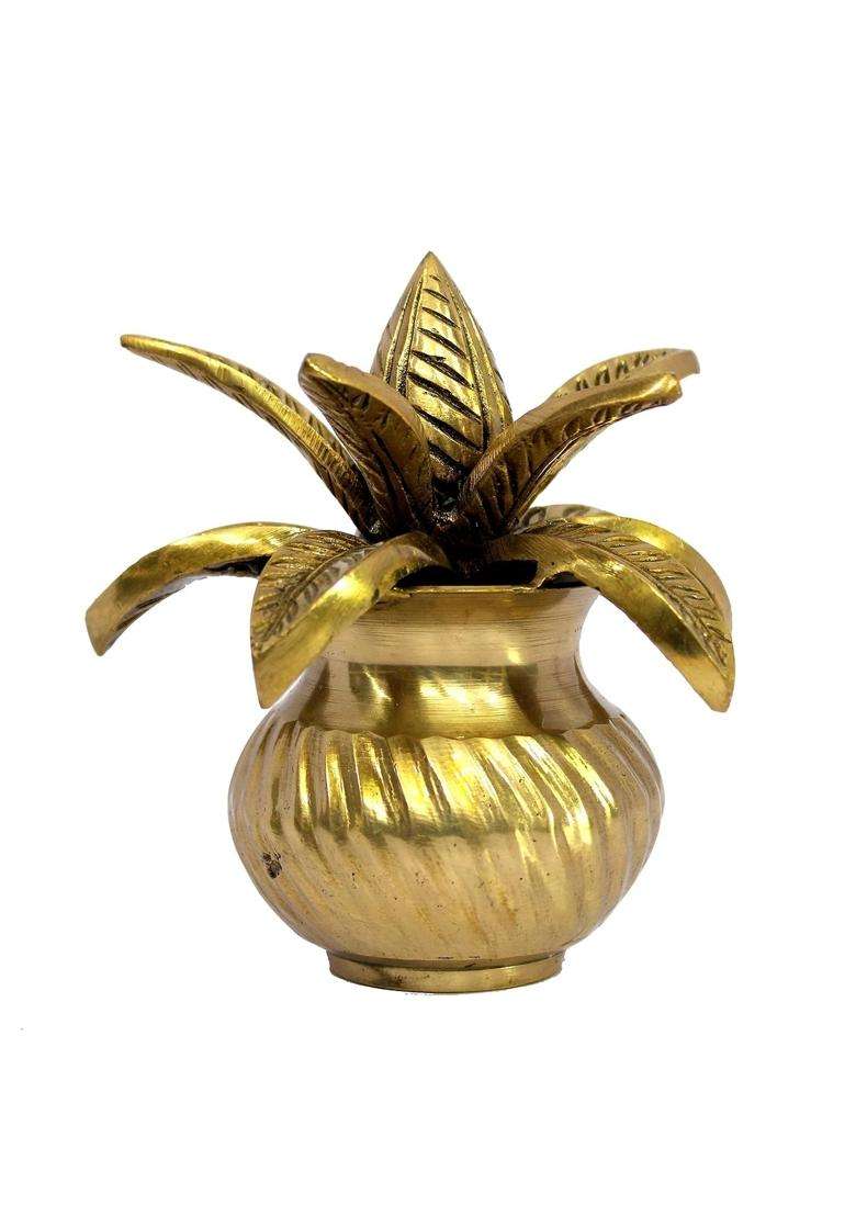 Yellow Two Brothers Brass Mangal Kalash with Coconut Showpiece Kalash for Pooja - Indya