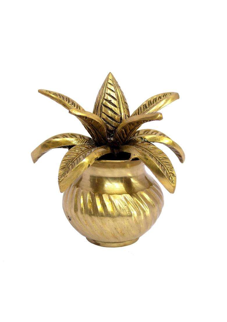 Yellow Two Brothers Brass Mangal Kalash with Coconut Showpiece Kalash for Pooja - Indya