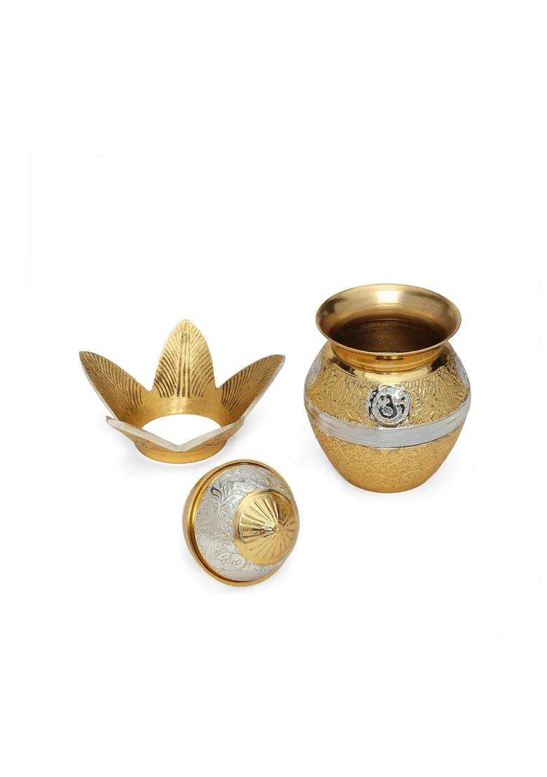 Svanam Royal Brass Om Kalash Set Gold Silver Finish Pooja Kalash with Lid - Indya
