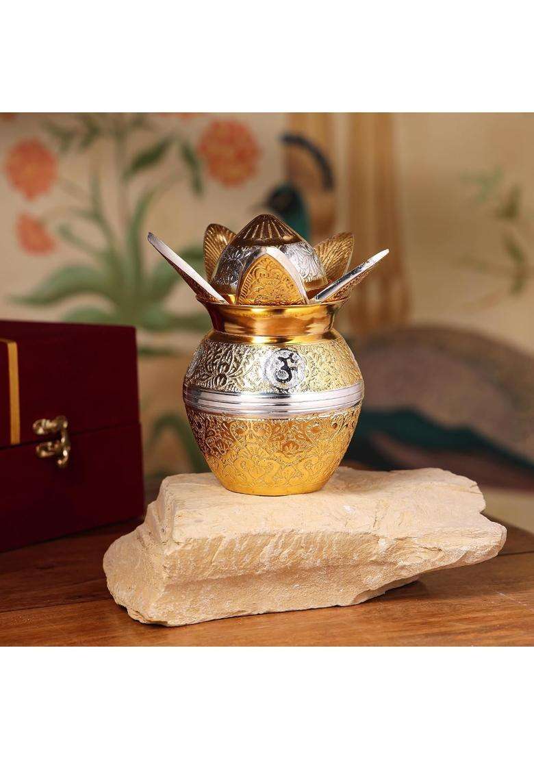 Svanam Royal Brass Om Kalash Set Gold Silver Finish Pooja Kalash with Lid - Indya