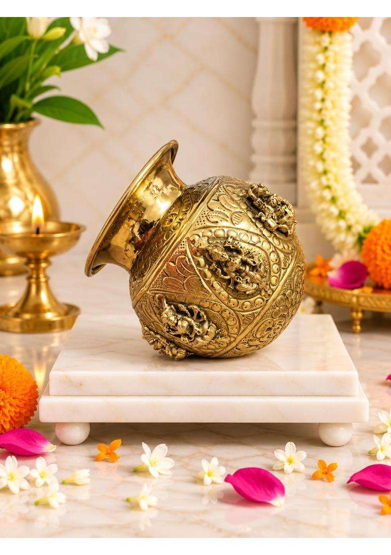 Golden Ashta Lakshmi Brass Kalash Pooja Kalash - Indya
