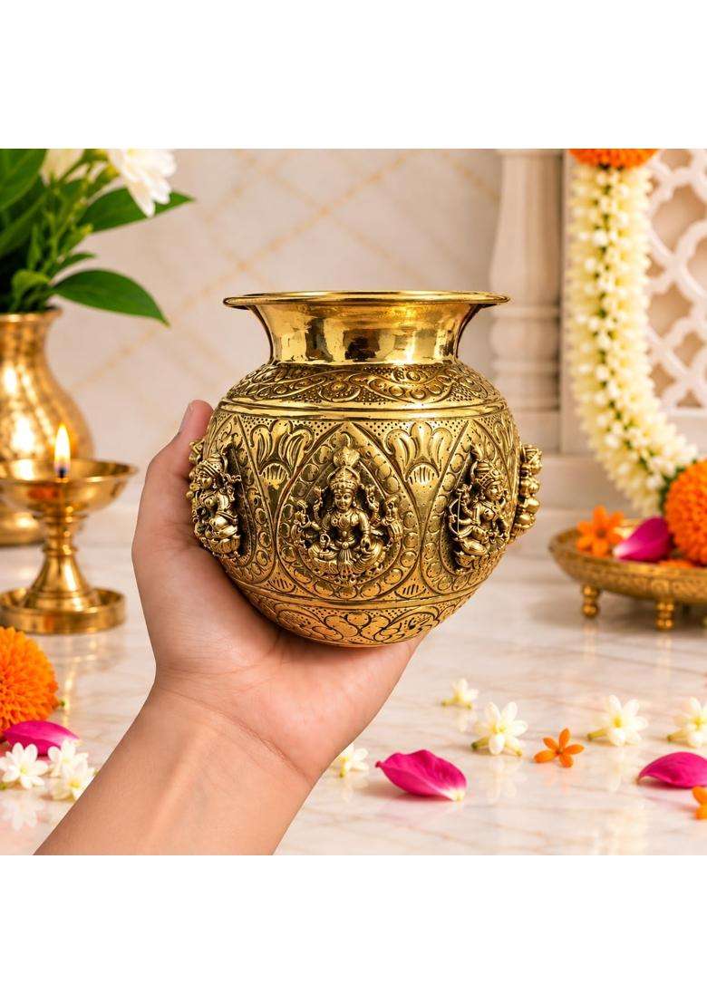 Golden Ashta Lakshmi Brass Kalash Pooja Kalash - Indya