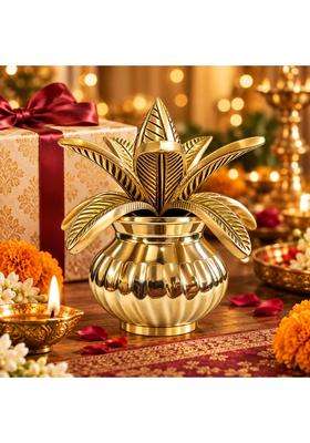 Metal Bells India Brass Kalash with Coconut and Shriphal Leaves for Pooja