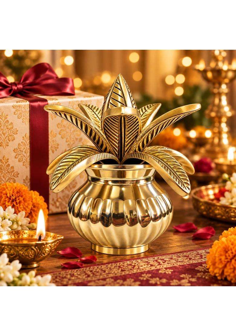 Metal Bells India Brass Kalash with Coconut and Shriphal Leaves for Pooja - Indya