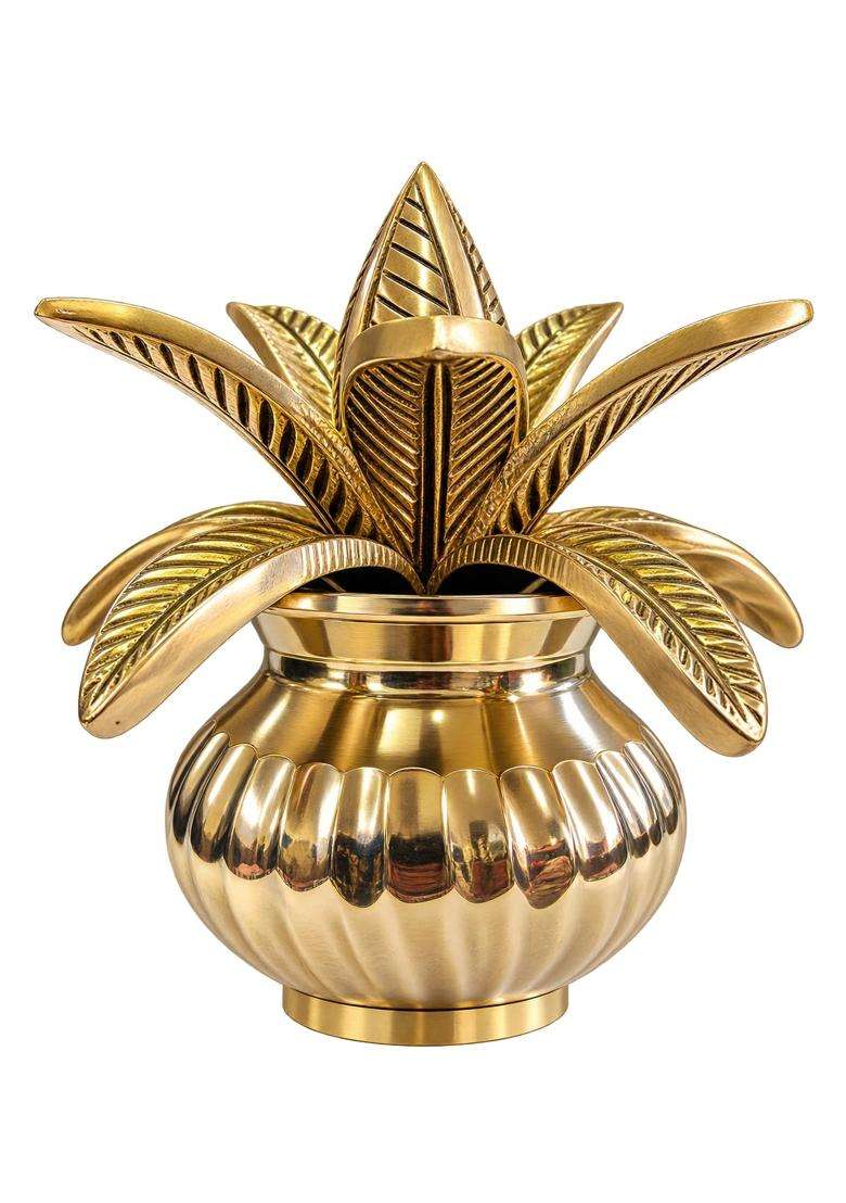 Metal Bells India Brass Kalash with Coconut and Shriphal Leaves for Pooja - Indya