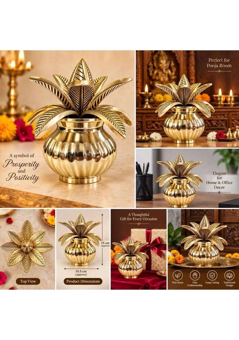 Metal Bells India Brass Kalash with Coconut and Shriphal Leaves for Pooja - Indya