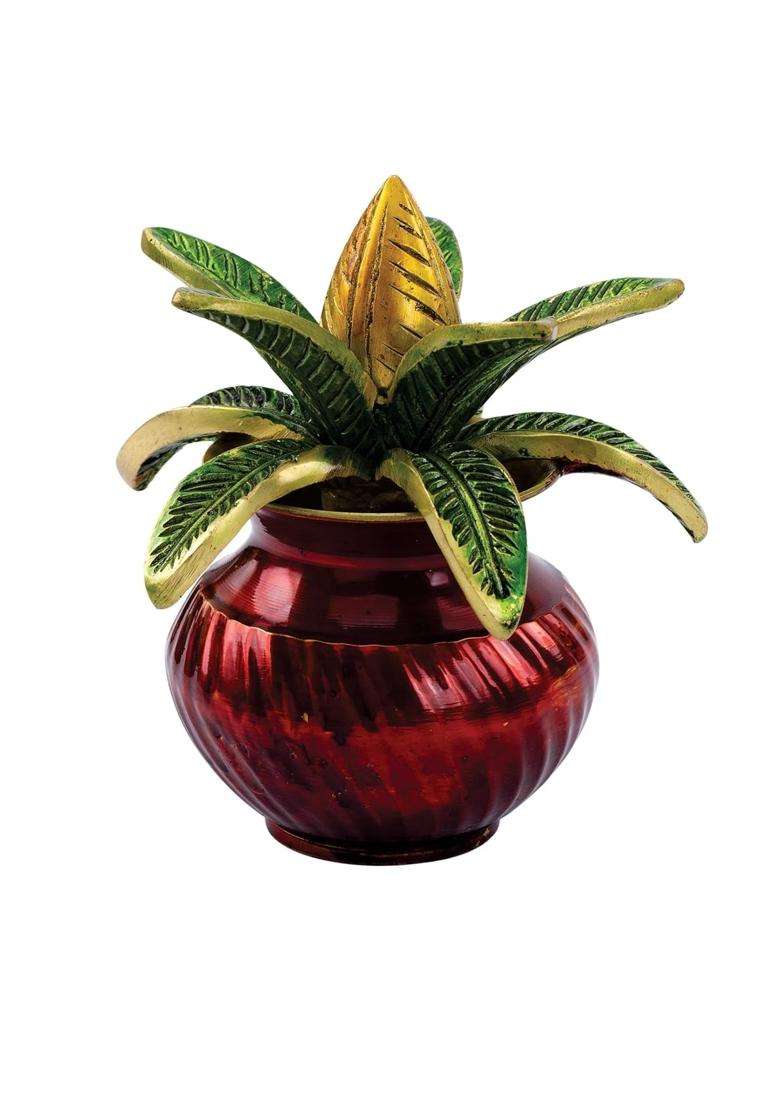 Devdecor Brass Multicolour Mangal Kalash with Coconut Decorative Brass Kalash for Pooja Mandir and Home Decor - Indya