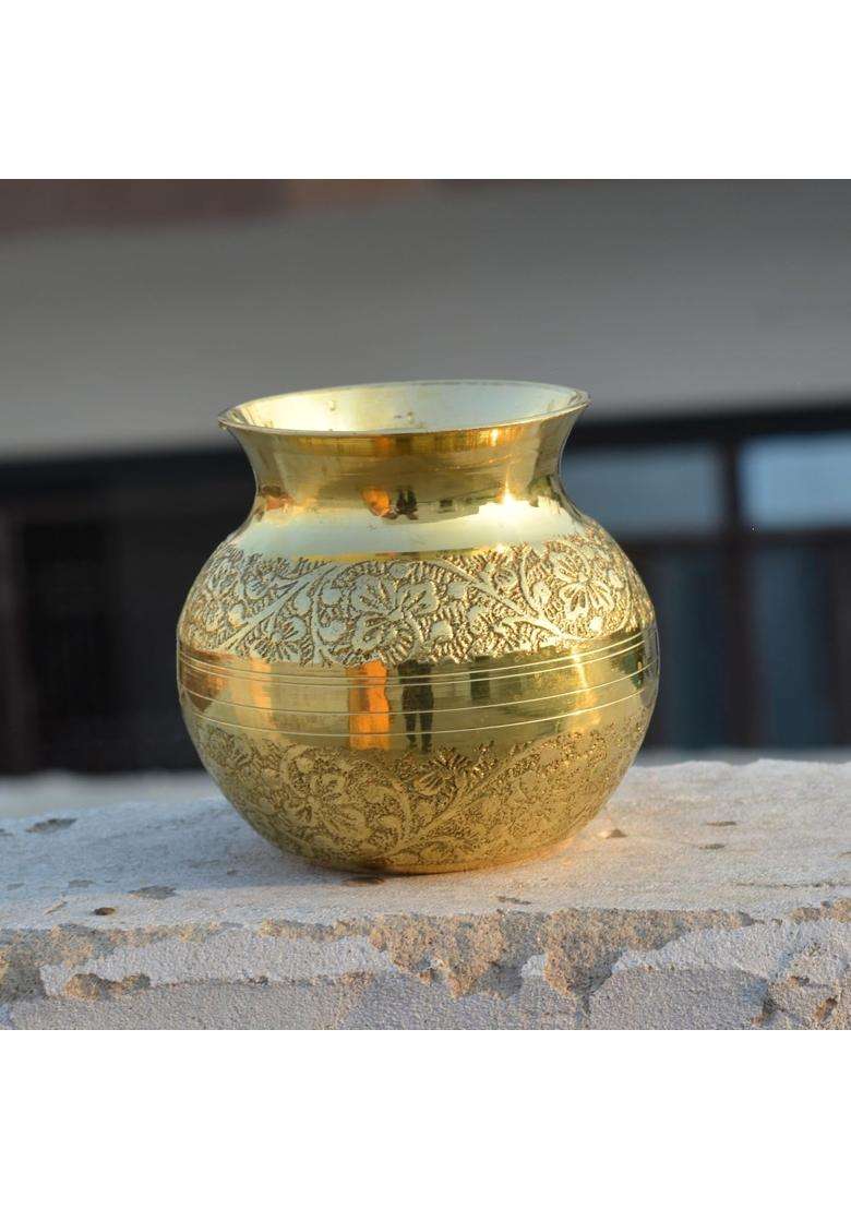 Rtware Yellow Pure Brass Lota Kalash Design 4 and Half Inch with Capacity for Pooja Puja Room - Indya