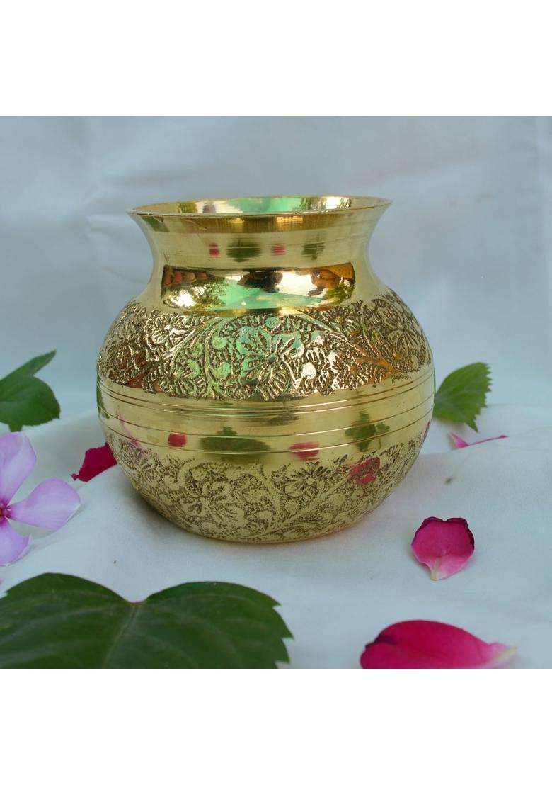 Rtware Yellow Pure Brass Lota Kalash Design 4 and Half Inch with Capacity for Pooja Puja Room - Indya