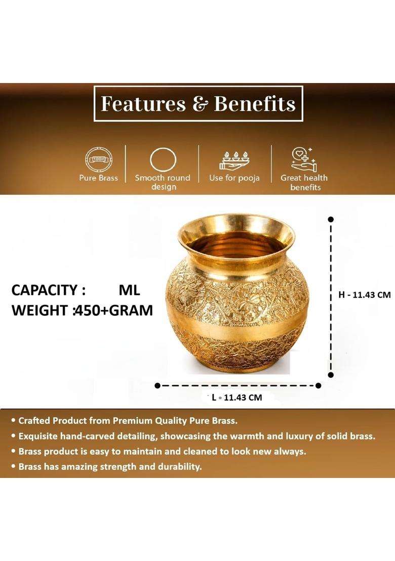 Mkd2 Rise Gold Brass Lota for Puja 500ML Pure Brass Kalash for Pooja Mandir and Rituals - Indya