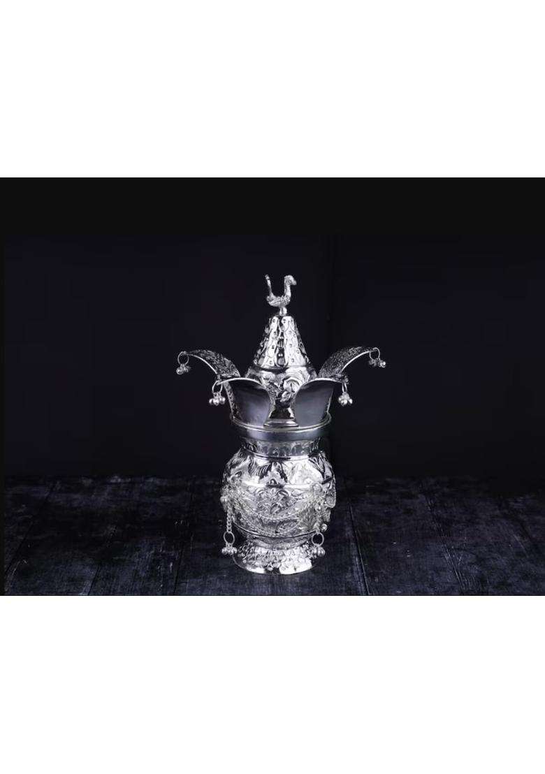 Happy BORN Silver Polish Kalash Pot with Geraman Coconut and Banana Leaves Set of 3 - Indya