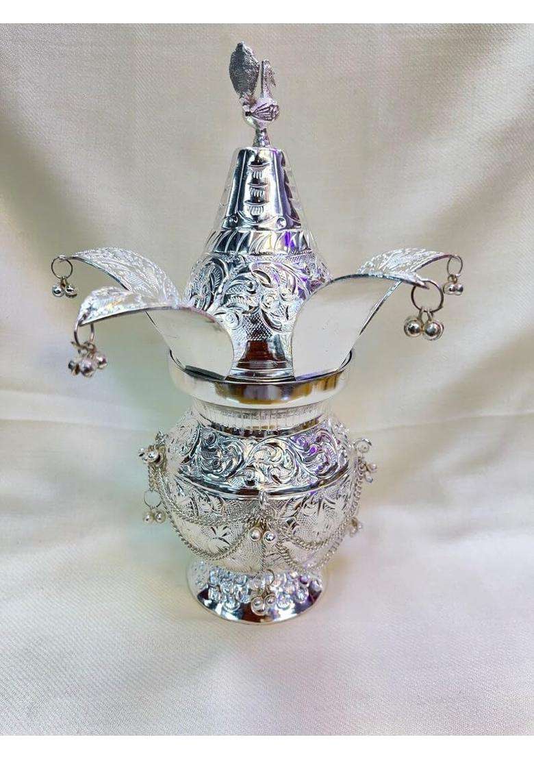 Happy BORN Silver Polish Kalash Pot with Geraman Coconut and Banana Leaves Set of 3 - Indya